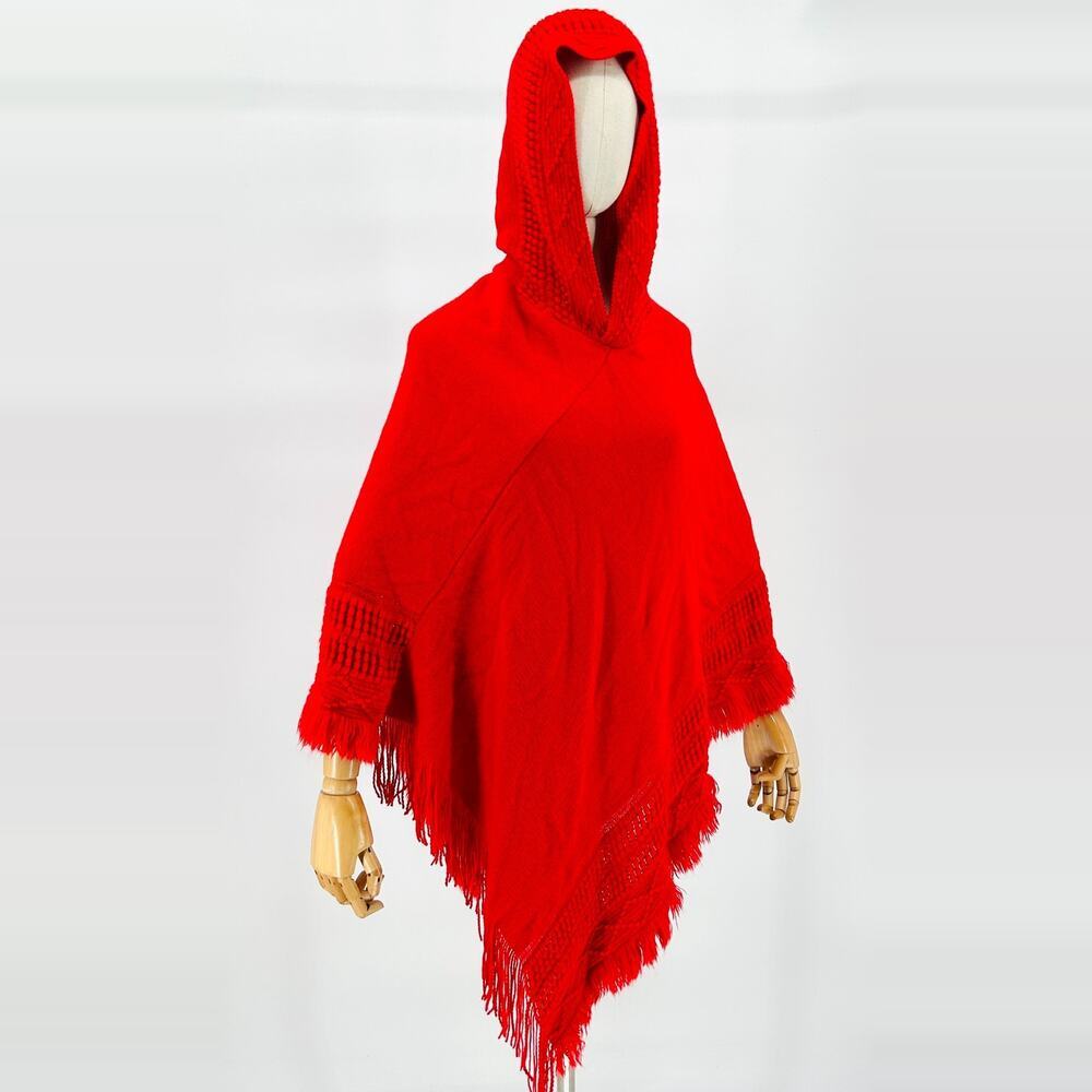 Red Knit Hooded Fringe Boho Poncho Cape